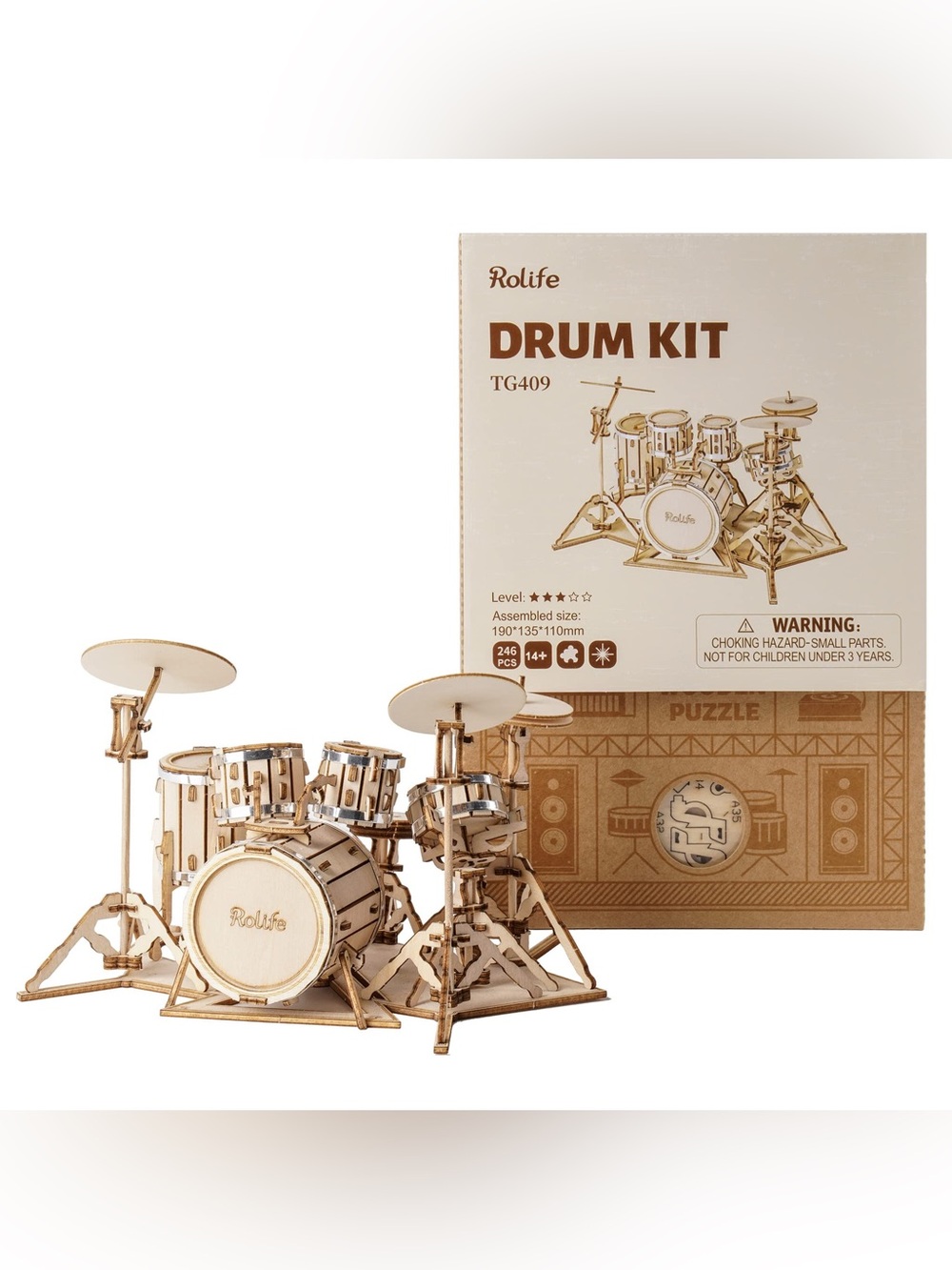 Rolife Drum Kit TG409 Wooden Puzzle Brown 3D DIY Miniature Model Kit Laser BNIB